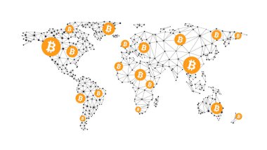 Bitcoin şifreli para birimi. Soyut kablo şeması küresel ağ arka planı. Vektör illüstrasyonu. 