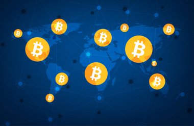 Bitcoin şifreli para birimi. Soyut kablo şeması küresel ağ arka planı. Vektör illüstrasyonu. 