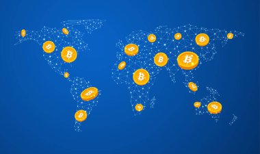 Soyut Bitcoin kripto para birimi kablosuz küresel ağ arkaplanı