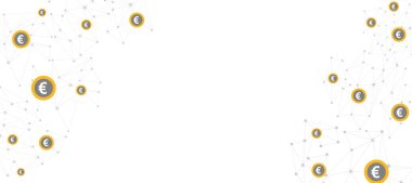 Çizgiler ve noktalarla birleşen Euro paraları. Çokgen ağ çerçevesi. Vektör illüstrasyonu.