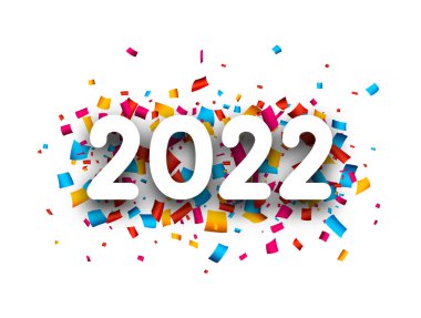 Renkli konfeti üzerine 2022 beyaz kağıt imzası. Vektör Festivali illüstrasyonu.
