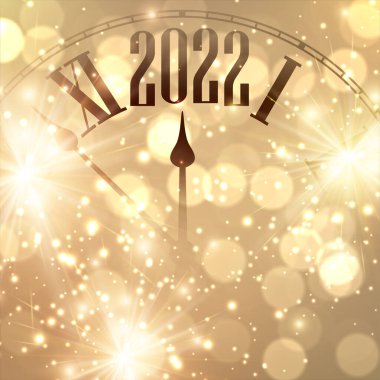 Golden bokeh clock showing 2022. Christmas and New Year background. Vector winter holiday illustration clipart