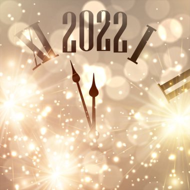 Golden bokeh clock showing 2022. Christmas and New Year background. Vector festive illustration. clipart