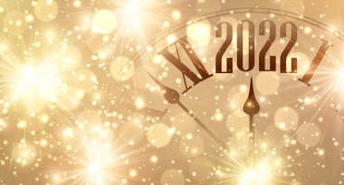 Golden bokeh clock showing 2022. Christmas and New Year banner background. Vector winter holiday illustration. clipart