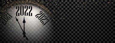 Saatin yarısı 2022 'yi gösteriyor. Altın ışıklı konfeti. Şeffaf arka plan. Vektör kış tatili illüstrasyonu.