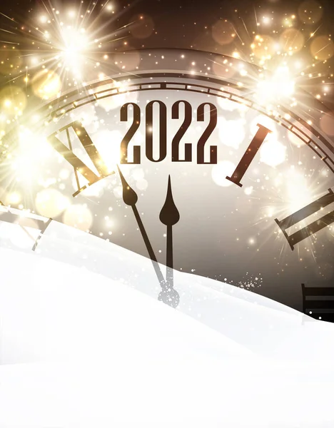Clock Showing 2022 Golden Fireworks Snowdrift Vector Winter Holiday Illustration — Stock Vector