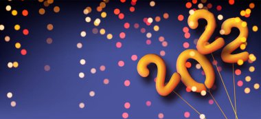 Bir deste sarı 2022 balon. Çok renkli bokeh konfetileri. Vektör Festivali illüstrasyonu.