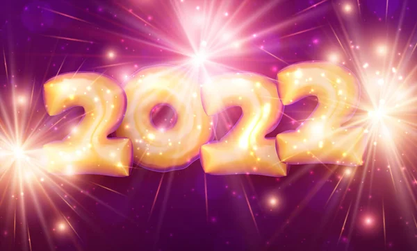 明るい花火と2022年の黄金の気球の標識 ベクターホリデーイラスト — ストックベクタ