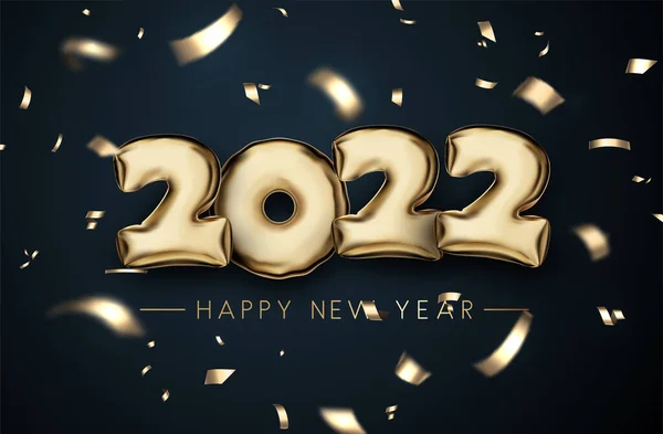 2022 Gouden Ballon Nummer Zwarte Achtergrond Gouden Confetti Vector Vakantie — Stockvector