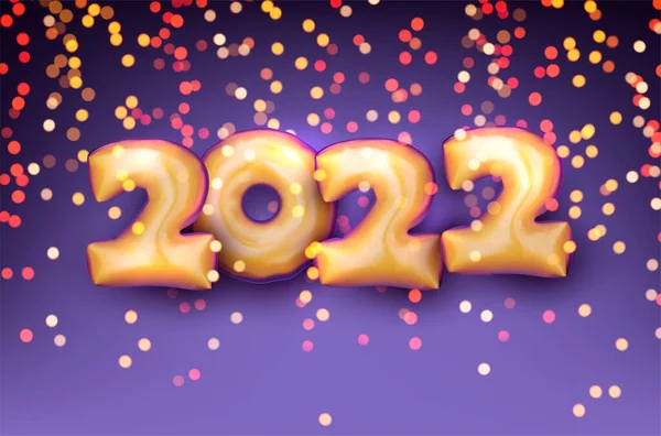 Ballons Dorés 2022 Signe Confettis Bokeh Multicolores Illustration Vectorielle Festive — Image vectorielle