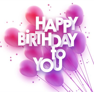 Bir demet pembe ve menekşe renginde yıldız konfetili balonlar. Doğum günün kutlu olsun imzala. Vektör Festivali illüstrasyonu.