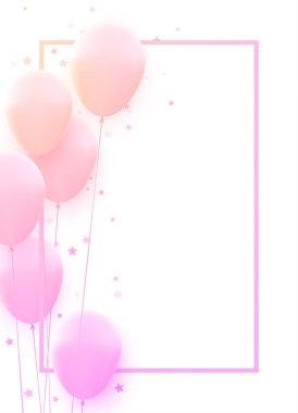Kare çerçeveli pembe balonlar. Yıldız konfetisi. Mesaj için yer var. Vektör Festivali illüstrasyonu.