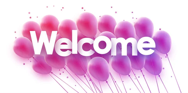 Bunch Purple Gradient Balloons Stars Confetti Welcome Sign Vector Festive — Stock Vector