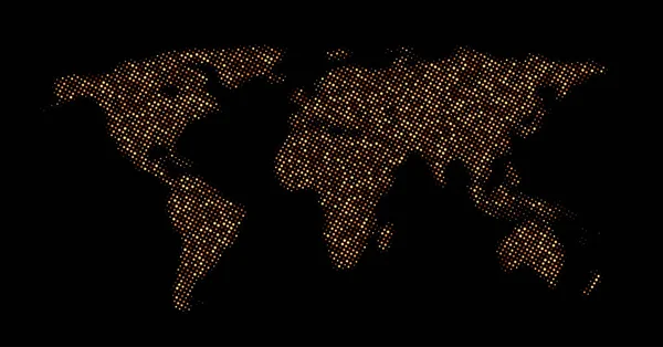 Mezza Tonalità Dorata Punteggiata Mappa Del Mondo Luci Notte Illustrazione — Vettoriale Stock