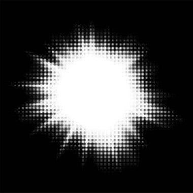 Siyah arka planda beyaz yarım tonlu nokta. Vektör pop sanat illüstrasyonu.