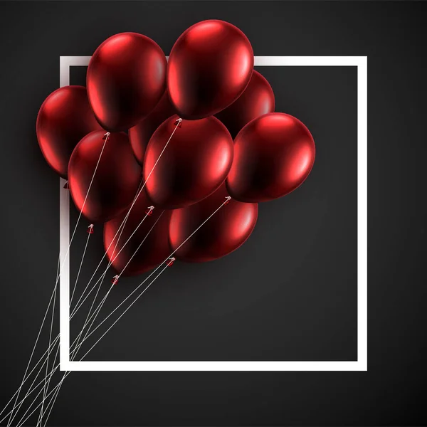 Kilka Ciemnoczerwonych Balonów Kwadratową Ramą Czarne Tło Miejsce Tekst Wektor — Wektor stockowy