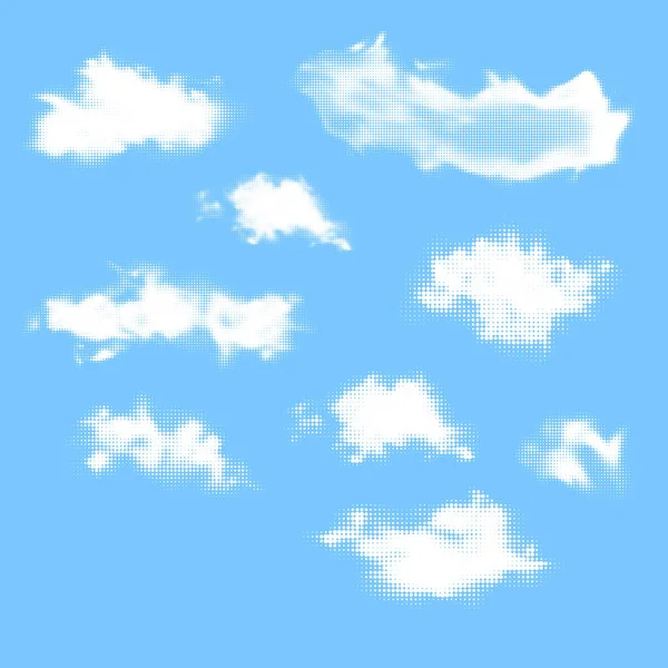 Blauer Himmel Mit Weißen Halbtongepunkteten Wolken Set Von Verschiedenen Formen — Stockvektor