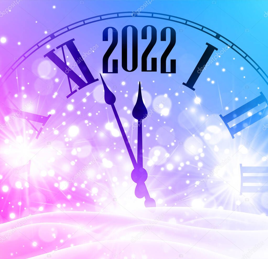 Creative clock hands showing 2022 year. Sparkling lights on pink and blue gradient background. Vector holiday illustration.