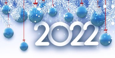 2022 tabelasında güzel mavi Noel topları asılı. Beyaz ladin dalları. Vektör Festivali illüstrasyonu.