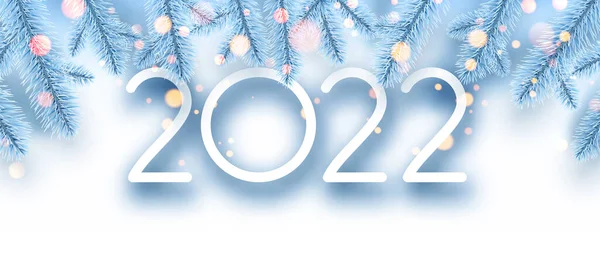 2022 Christmas Blue Frozen Spruce Branches Bokeh Lights Vector Festive — Stock Vector