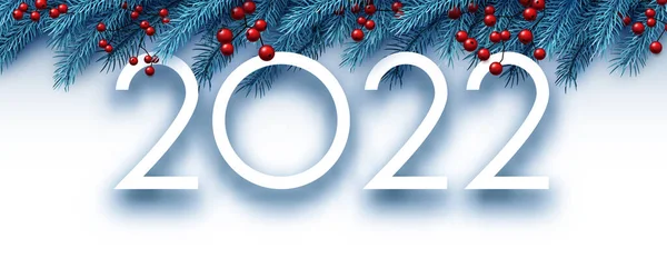 2022 Vánoční Modré Jedlové Větve Praporem Červených Bobulí Vektorová Slavnostní — Stockový vektor