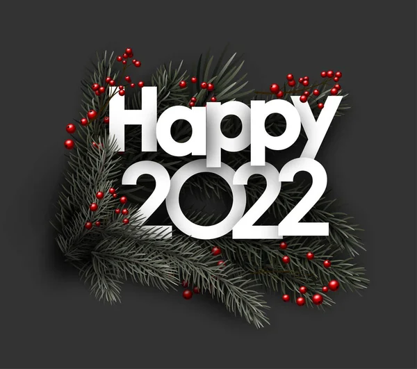 Happy 2022 Sign Christmas Fir Branches Red Berries Vector Festive — Stock Vector