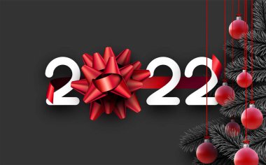 2022 tabelasında güzel kırmızı Noel topları ve ladin dalları asılı. 2022 'de 0 yerine büyük yay. Vektör Festivali illüstrasyonu.