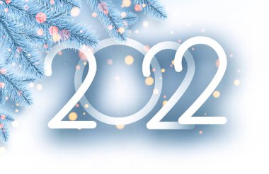 2022 yılbaşı mavi ladin dalları ve bokeh ışıkları. Vektör Festivali illüstrasyonu