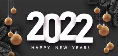 2022 tabelasında altın sarısı Noel mücevheri. Spruce dalları. Mutlu yıllar. Vektör Festivali illüstrasyonu