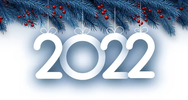Appeso 2022 Con Rami Abete Blu Natale Con Bacche Rosse — Vettoriale Stock