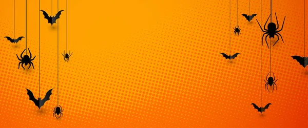 Halv Ton Orange Halloween Bakgrund Med Svart Hängande Spindlar Och — Stock vektor