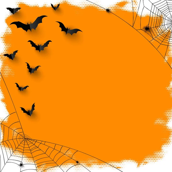 Meio Tom Fundo Laranja Halloween Com Aranha Papel Preto Morcegos — Vetor de Stock
