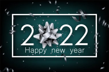 Kare çerçeveli gümüş yay ile 2022 işareti. Gümüş yılan ve yıldız konfetisi. Mutlu yıllar. Vektör Festivali illüstrasyonu.