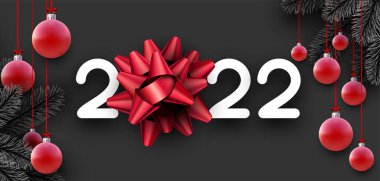 2022 tabelasında güzel kırmızı Noel topları ve ladin dalları asılı. 2022 'de 0 yerine büyük yay. Vektör Festivali illüstrasyonu.
