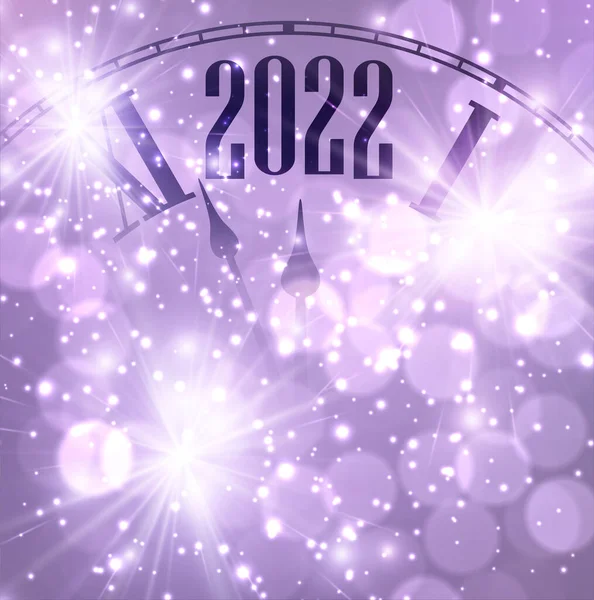 半隐藏紫色时钟显示2022年 闪耀的烟火和爆竹灯 媒介节庆图解 — 图库矢量图片
