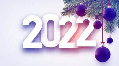 2022 tabelasında güzel bir lacivert Noel mücevheri asılı. Spruce dalları. Vektör Festivali illüstrasyonu.