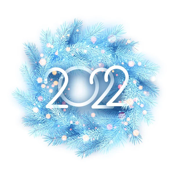 2022ボケライト付きクリスマスブルーモミの花輪 ベクターホリデーイラスト — ストックベクタ