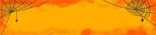 Orange Halvton Prickig Horisontell Ram Spindlar Med Nät Halloween Banner — Stock vektor