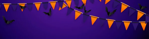 Bandeiras Laranja Roxa Guirlanda Halloween Fundo Morcegos Papel Preto Espaço — Vetor de Stock