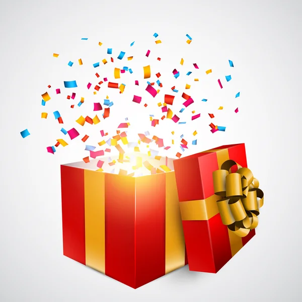 Caja de regalo roja con confeti . — Vector de stock