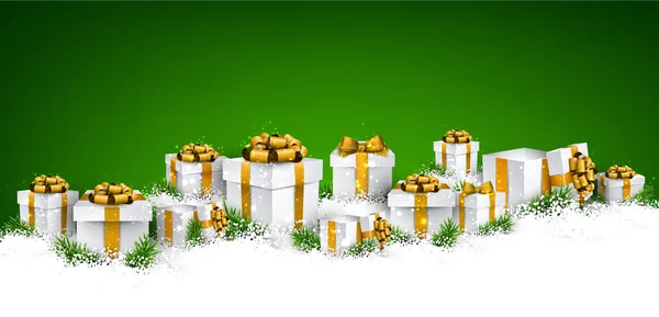 Christmas green background with gift boxes. — Stock Vector