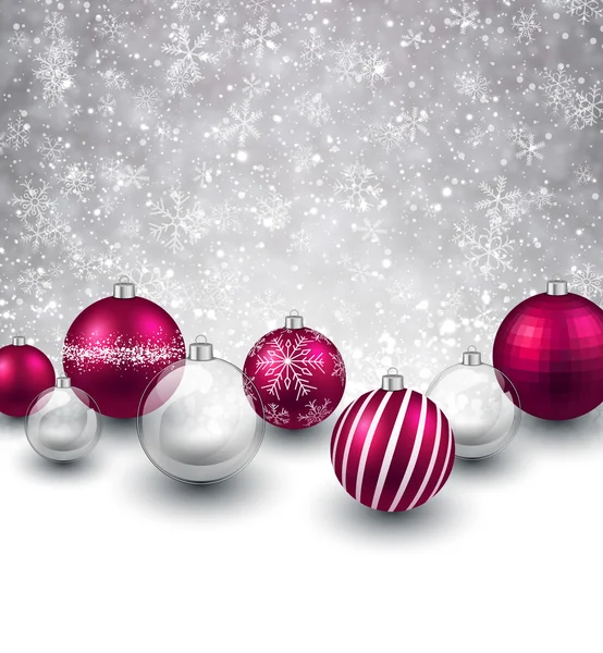 Winter background with magenta christmas balls. — Stock Vector