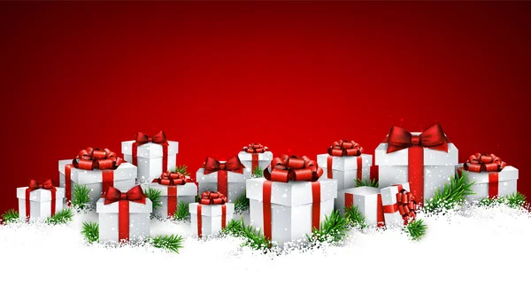Christmas red background with gift boxes. — Stock Vector