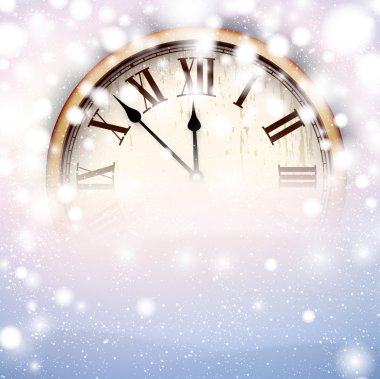 Karlı arka plan ile yeni yıl saat. 