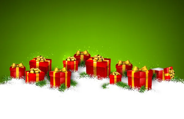 Christmas green background with gift boxes. — Stock Vector