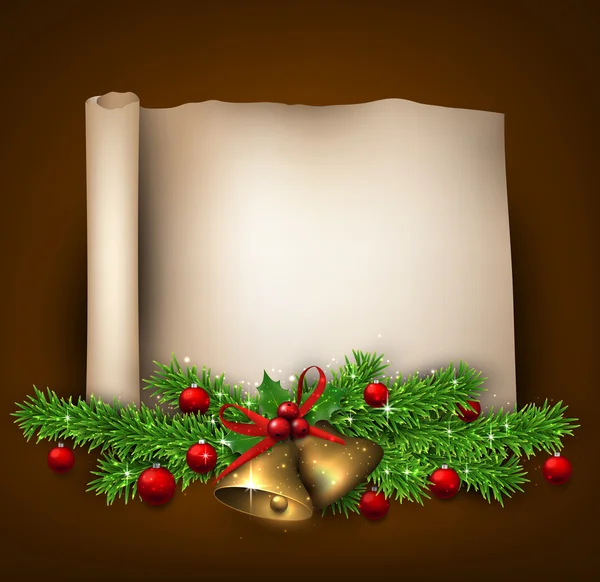 Kerstmis oud papier achtergrond met fir twijgen. — Stockvector