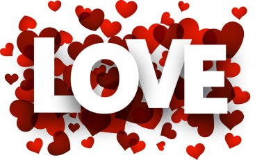 Kağıt sevgi işareti kırmızı kalpler üzerinde.