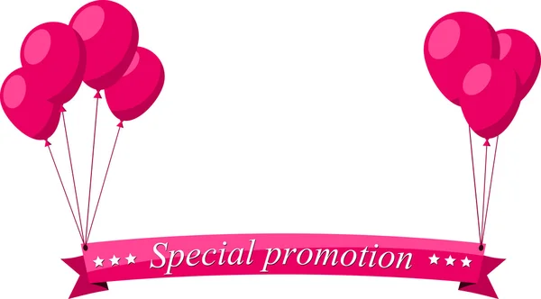Special promotion pink flat ribbon with balloons. — Stock Vector