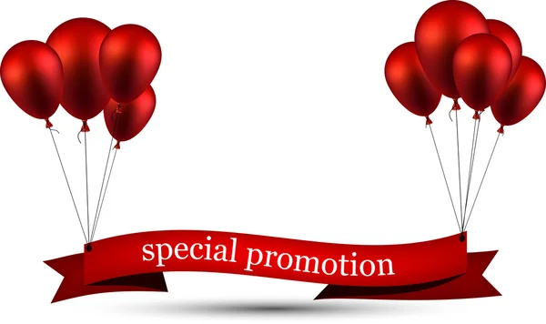 Promoción especial cinta roja fondo con globos . — Vector de stock