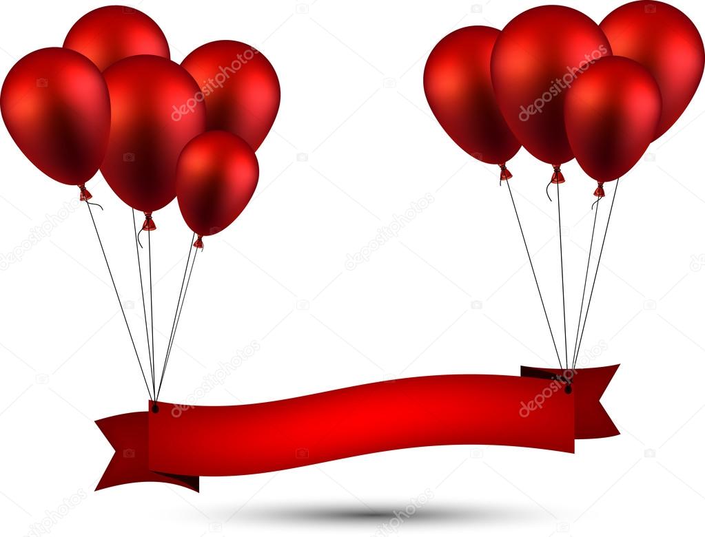 Celebrate red ribbon background with balloons.